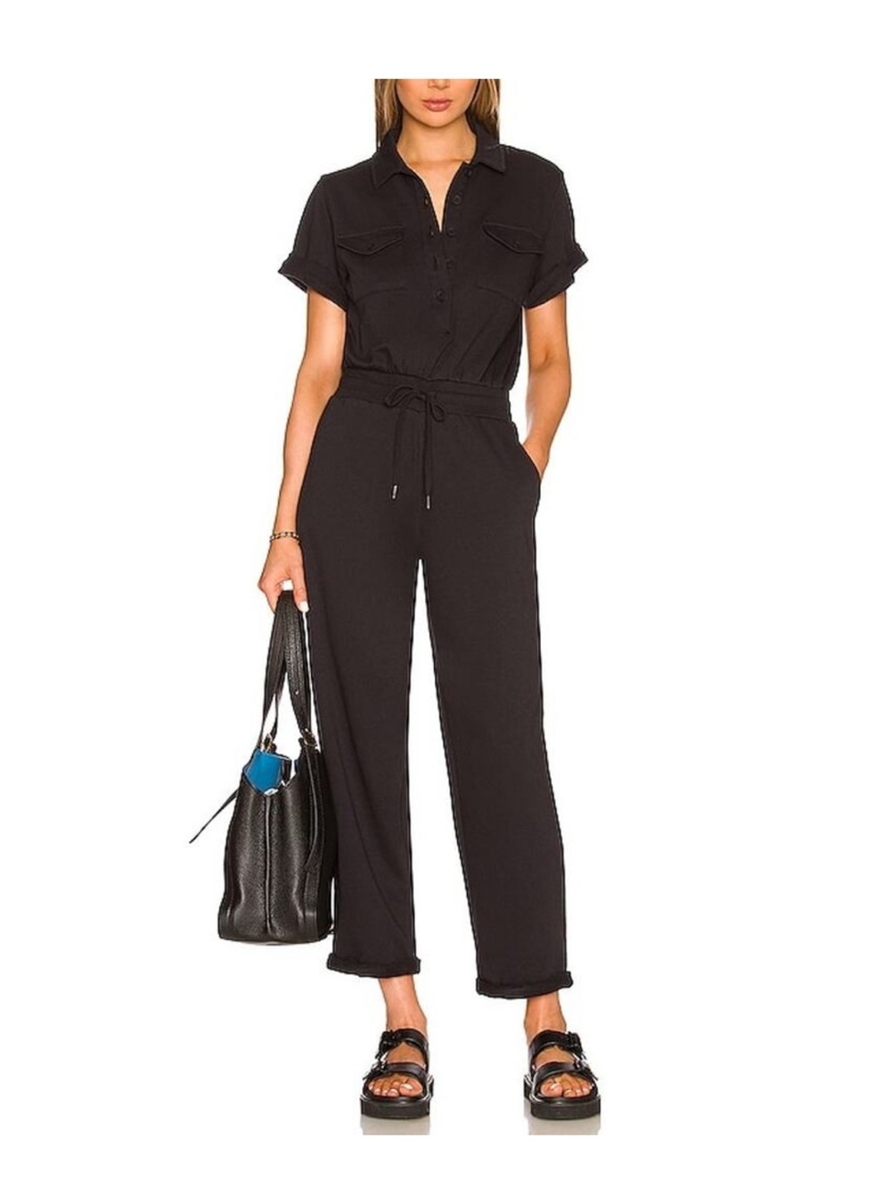NWT Revolve 525 Distressed Wash Black Cotton
Utility Jumpsuit Size Small